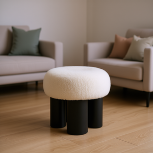 Otomana de Lana de Cordero Blanca con Patas Negras, Taburete Moderno Minimalista para el Hogar, Muebles para Sala de Estar - Product Image 2