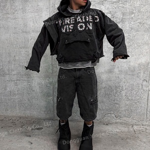 Sweat à capuche streetwear personnalisé, 500 g/m², épais, avec patch brodé, coupe carrée et courte, uni, orné de strass, vintage, effet vieilli et délavé à l'acide - Product Image 2