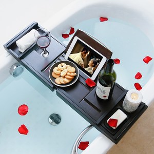 Étagère de bain noire en bambou avec panneau en tissu, support de rangement rétractable pour spa et salle de bain - Product Image 1