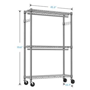 頑丈な調節可能な3層炭素鋼製ローリングガーメントラック、ロッド、サイドフック、ワードローブ収納、モダンブラック、バッグ取り外し可能 - Product Image 4