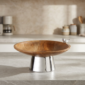 Bol rond en bois de manga, 14 pouces, sur socle en aluminium et métal avec oiseau, 1 pièce - Product Image 2