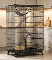 Cage à chat en métal robuste avec roues universelles, hamac, plateau amovible, emballage simple, abri pour chat d'intérieur à plusieurs niveaux
