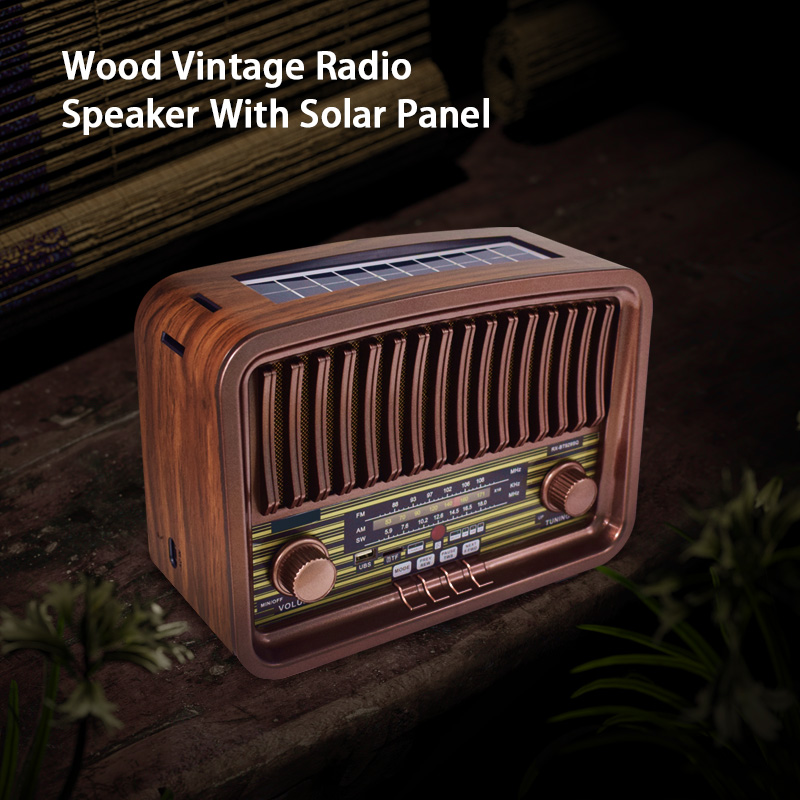 Vintage Wooden Radio with X Bass, USB, and Solar Power