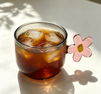 Mug Kaca Tahan Panas WUSO Abu-abu Smoky Transparan Cangkir Kopi Gagang Bunga 3D Pink Peralatan Minum Teh untuk Rumah Kafe