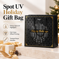 Sac cadeau en papier noir personnalisé pour Noël avec poignées en corde et impression UV sélective pour l'emballage de cadeaux de Noël en vente au détail