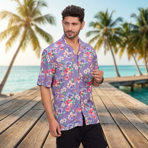 Camisa Hawaiana de Manga Corta con Estampado Floral Morado para Hombre, Cuello Camisero, Transpirable, Ecológica, Anti-UV, Informal, de Viscosa, para Vacaciones de Invierno - Product Image 4