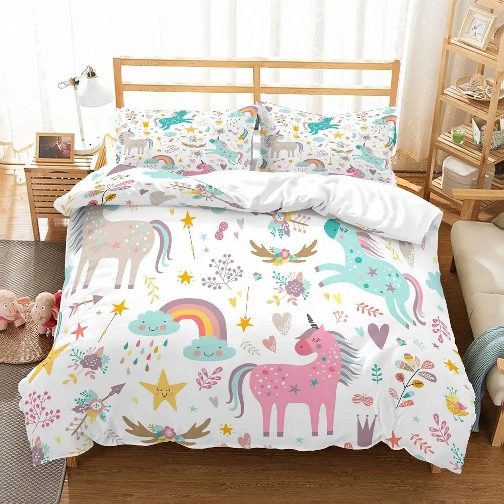 Girls Unicorn Duvet Cover Set Queen Pink/Blue/Gray Unicorns Floral Rainbow Stars Bedding Set 3 Piece with 2 pillow shams