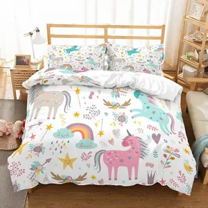 Meisjes Eenhoorn Dekbedovertrek Set Queen Roze/Blauw/Grijs Unicorns Bloemen Regenboog Sterren Beddengoed Set 3 Stuk Met 2 Kussenhoezen