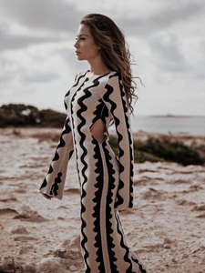 Autumn Party Flared Long Sleeve Skinny Sexy Hollow Out Wave Jacquard Knit <strong>Maxi</strong> <strong>Dress</strong> Women's Sweater - Product Image 2
