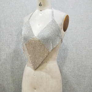 2024 Fashion Backless Triangle Gold <strong>Silver</strong> Splicing Pattern Aluminum Rhinestone Mesh Crystal <strong>Crop</strong> <strong>Top</strong> - Product Image 6