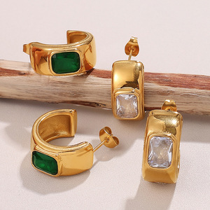 Cuff Earrings Geometric Green Zircon Inlaid 18K Gold Plated <b>Titanium</b> Steel <b>Studs</b> For Commuting Fashion Jewelry - Product Image 1