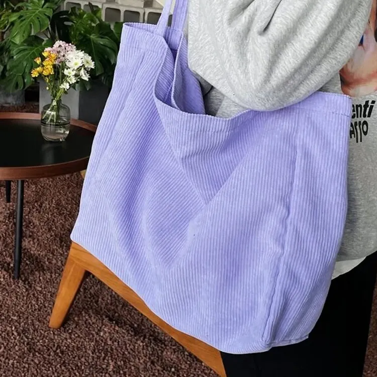 Custom Private Logo Hot Sale Large Capacity Soft Cotton Lady Purple Corduroy Tote Bag
