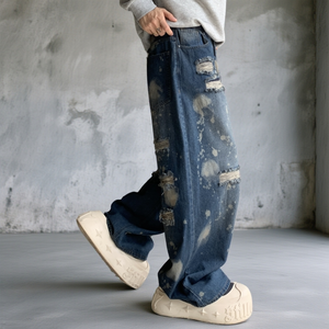 Jean ample et large pour homme, style décontracté, en denim délavé, <span class=keywords><strong>effet</strong></span> usé, style vintage, pantalon streetwear - Product Image 2