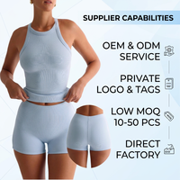 Ensemble de yoga côtelé bleu glace premium pour femme avec débardeur dos nu sans manches et mini-short taille haute – Marques de fitness de boutique