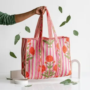 Sac fourre-tout en coton rayé à motifs floraux avec deux poignées, style bohème, fermeture éclair, pour le shopping, la plage, l'usage quotidien, toutes saisons - Product Image 6