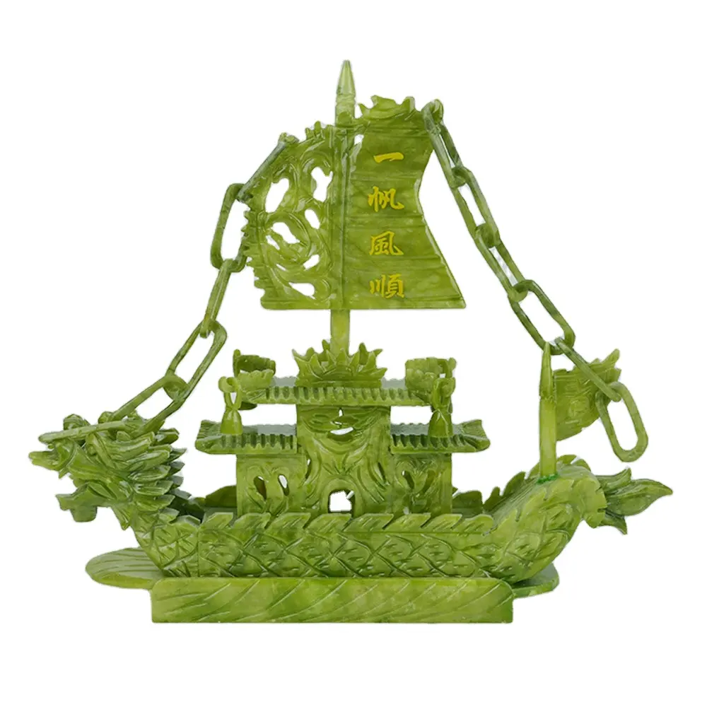 Artisanat bateau dragon en jade sculpté, bateau Fengshui, 10 pièces