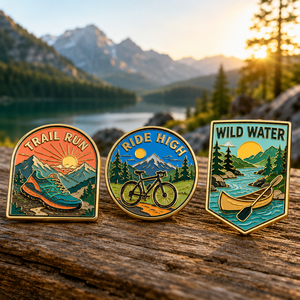 Juego de pines de solapa metálicos personalizados de esmalte suave para deportes al aire libre, ciclismo, trail running, canotaje, aventura en la montaña, OEM - Product Image 1