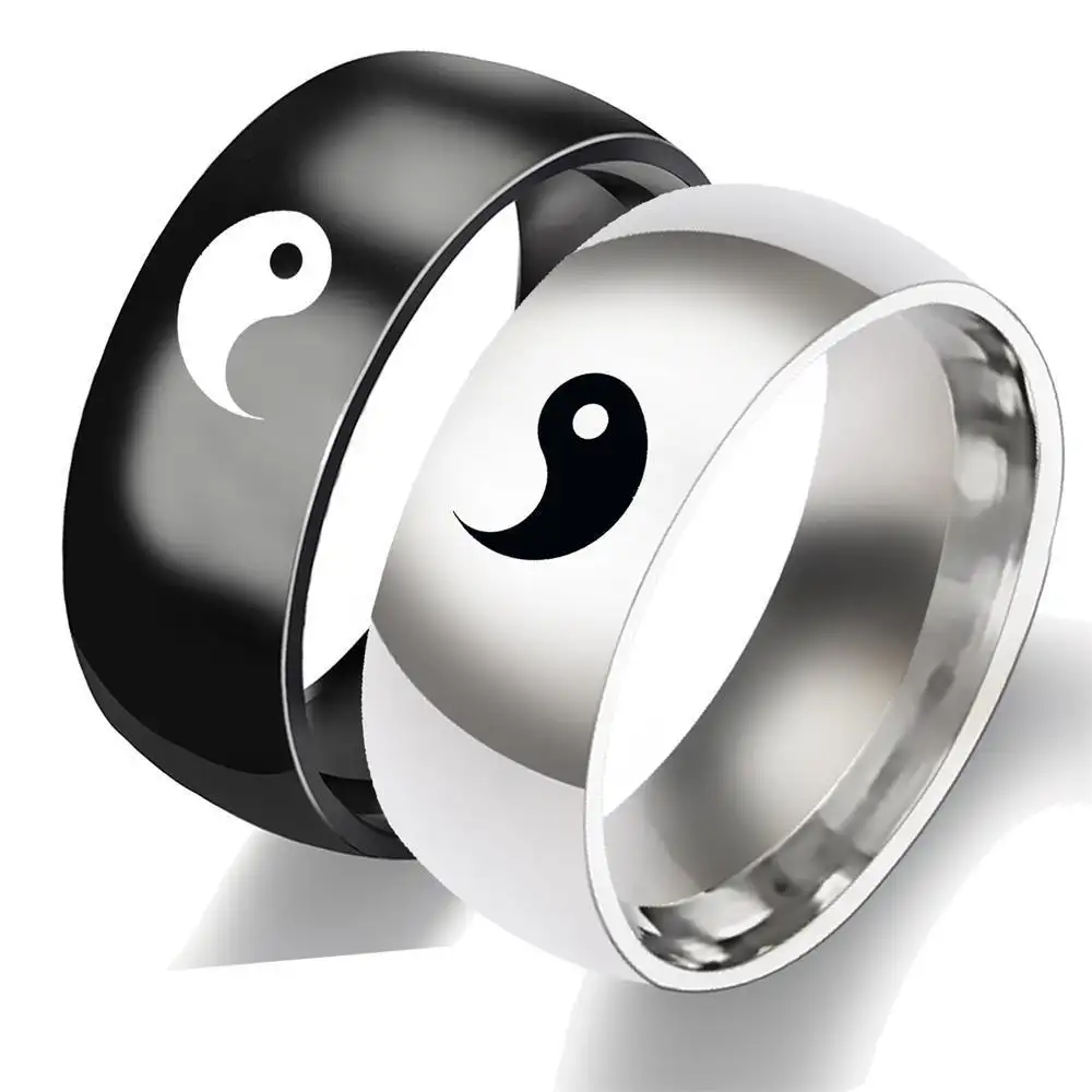 Simple Yin Yang Lovers Tai Chi Symbol Women Jewelry Ring Stainless Steel Jewelry Wholesale Black Silver Ring