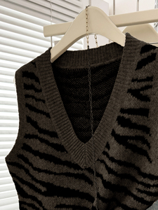 Chaleco de punto sin mangas con estampado de cebra y cuello en V para mujer, suelto, informal, para otoño e invierno, uso diario, OEM ODM - Product Image 4