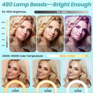 Anneau lumineux pliable 22 "avec support pour <span class=keywords><strong>iPhone</strong></span> ipad, trépied 75" avec roues 50W 6500K LED Display USB Ports <span class=keywords><strong>Ringlight</strong></span> Rolling - Product Image 2