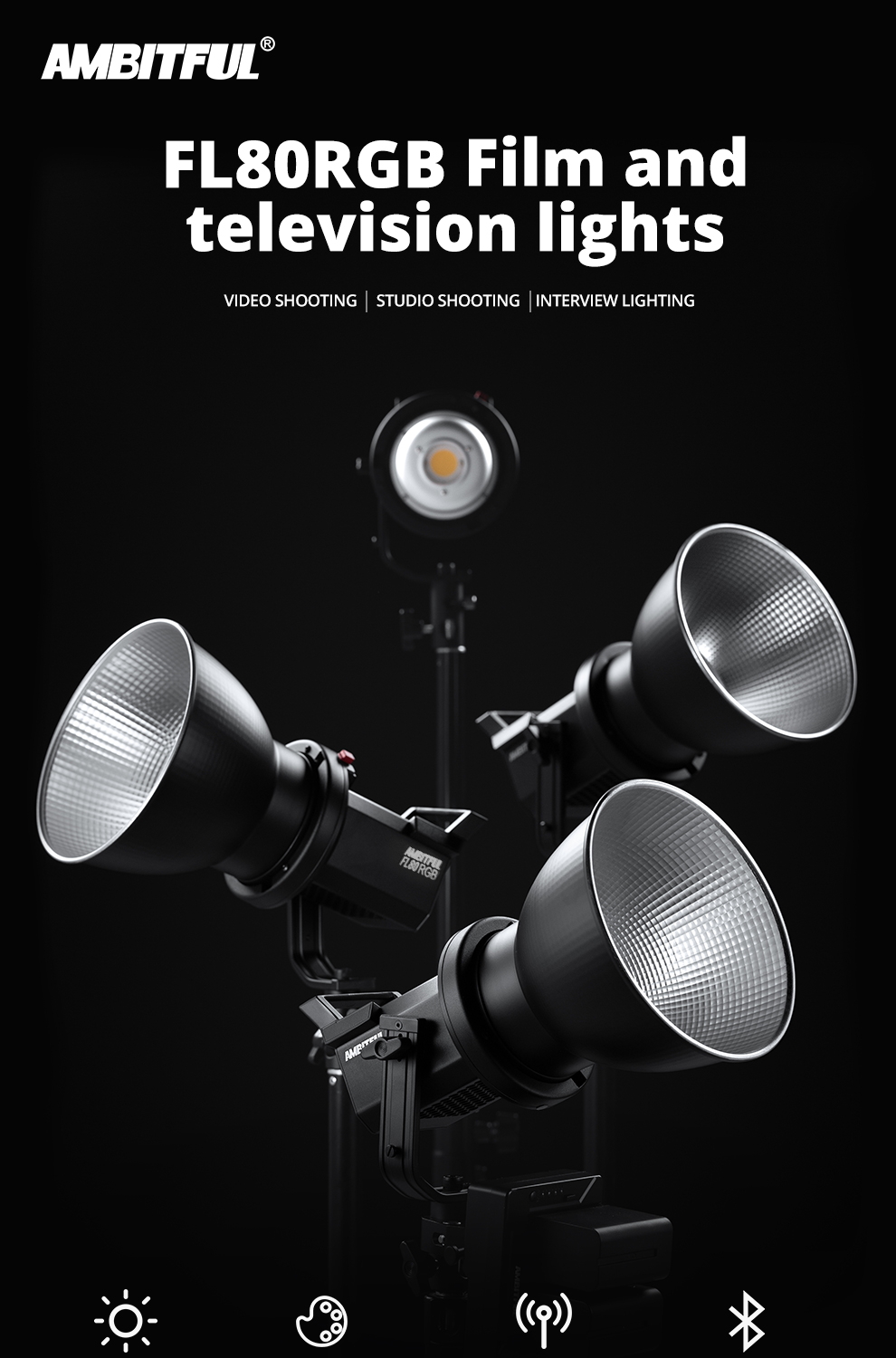 AMBITFUL FL80 RGB LED Video Light 80W 5600K Outdoor Photography Daylight Lighting Adjust Brightness Bowens Mount Support APP