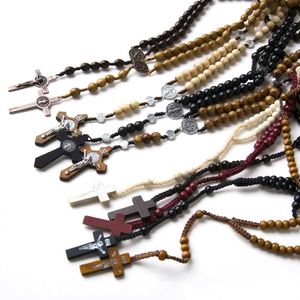 เครื่องประดับโรซารี่คาทอลิก จี้ไม้กางเขนนักบุญเบเนดิกต์ ลูกประคำไม้ทำมือ ของขวัญทางศาสนาสำหรับเทศกาลอีสเตอร์ ขายส่ง - Product Image 2