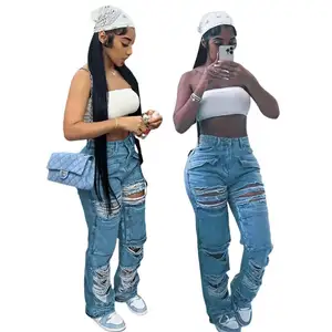 WQ2925 Ready To Ship Ripped Hole Street Wear Denim Jeans Women's Trousers Cargo Overalls Jeans