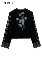 Zevity Nouvelle Veste de Bureau pour Femme Vintage à Col Boutonné en Velours Court à Broderie Florale Géométrique à Manches Longues