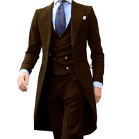 Costume Homme de Luxe 3 Pièces Col Cranté Un Bouton Queue de Pie Mariage Travail Coupe Ajustée Smoking Long Blazer Gilet Pantalon Rouge Bordeau