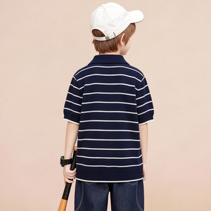 Chemise polo rayée en tricot pour enfants, manches courtes, décontractée, douce, respirante, hauts en tricot pour garçons, pour tous les jours et les sorties - Product Image 2