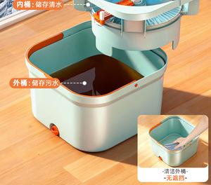 Serpillère rotative mains libres avec seau en plastique à double compartiment, eau propre et eau sale séparées, utilisation humide/sèche, nettoyage domestique sans effort - Product Image 5