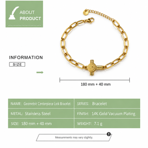 Geometric Centerpiece Link <b>Charm</b> <b>Bracelet</b> Women's 14K Gold Plated Stainless Steel Gold and Steel Color Options - Product Image 2