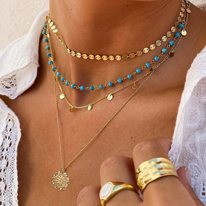 Collana turchese a strati in oro da donna collana lunga Multi Boho con ciondolo a moneta bohémien gioielli - Product Image 5