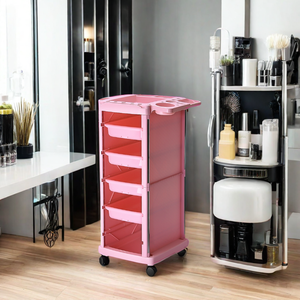 Chariot de rangement roulant moderne en plastique rose pour salon de coiffure et spa, idéal pour les coiffeurs et stylistes - Product Image 1