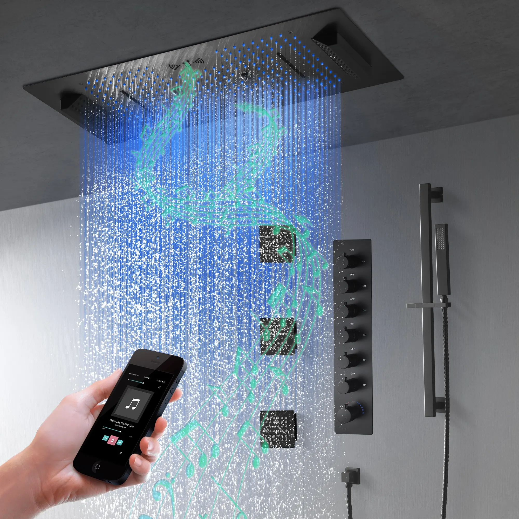 Musica lussuosa grande termostatico 64 colori LED sistema doccia a pioggia Set di rubinetti doccia a sei funzioni