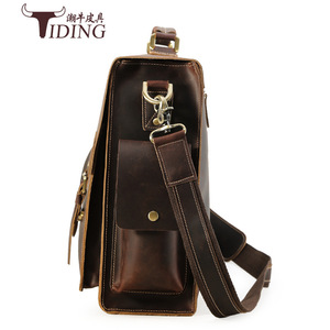 Tiding Genuine Leather Men's <b>Briefcase</b> 17-inch Large Capacity Business Bag Shoulder Crossbody Dark Brown - Product Image 2