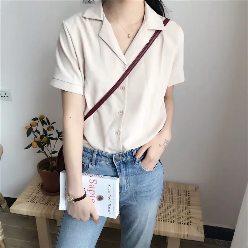 2023 spring Blouse Shirt For Women Fashion Short Sleeve V Neck Casual Office Lady White Shirts Tops Japan Korean Style