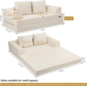 Canapé-lit <span class=keywords><strong>convertible</strong></span> en velours côtelé 2 places, matelas coussin de sol pliable avec oreillers, design sans armature pour salon et chambre - Product Image 2