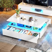 Table basse centrale de meubles de salon en bois à lumière LED réglable blanche à haute brillance avec tiroir de rangement