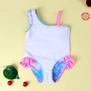 Baby Girls Swimwear Cute Cartoon Mermaid Tie Dye Ruffled 1 Shoulder 1 Piece Swimsuit Burkini Muslim Swimsuits For 0-3Y Kids
