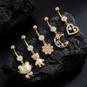 CRYSPURE 316L Chirurgenstahl Nabelpiercing mit niedlichem Katzen-, Bären-, Mond-, Herz- und Blumenmotiv, Zirkonia, 14G, Bauchnabelschmuck - Product Image 2