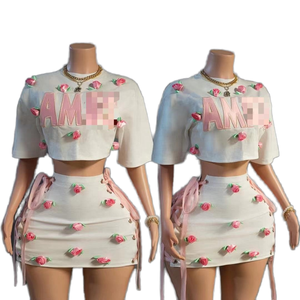 C2167 Summer <b>Sexy</b> Casual Crop Top Shirt and Flower Print Above Knee Skinny Skirt Designer 2 Piece <b>Set</b> Women - Product Image 1