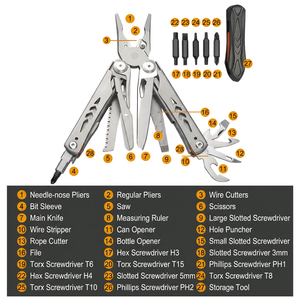 Pince multifonction pliable 28-en-1 en acier inoxydable de qualité supérieure avec compas, scie, ouvre-bouteille, tournevis, embouts et ciseaux - Product Image 2