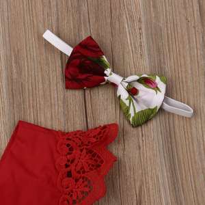 Vêtements pour bébé, combinaison d'été en dentelle rouge rose, robe sans manches à fleurs, robe de bébé élégante avec bandeau - Product Image 4