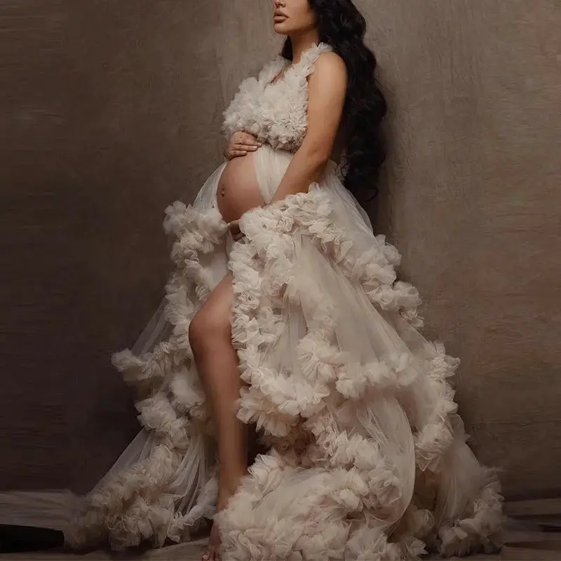 Uso fotográfico Plus Size Ball Gown Transpirable Maternidad Sin mangas CLÁSICO bata de maternidad bata de novia