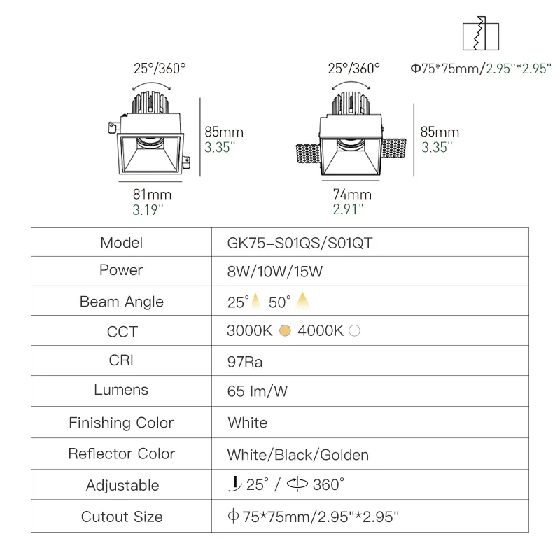 XRZLux LED faretto quadrato antiriflesso da soffitto in alluminio incasso LED COB faretto 8W 10W 15W apparecchio di illuminazione per interni