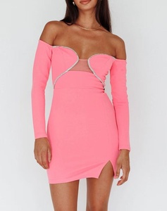 Pink Off Shoulder Bodycon Mini Dress With Rhinestone Cutouts And Slit For Party Summer Wear - Product Image 4