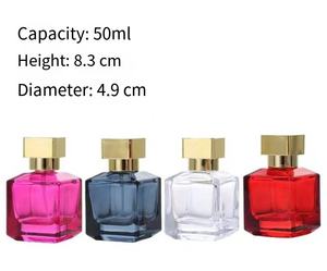 Botella de vidrio de spray de perfume transparente de color rosa rojo azul cuadrado de 50ml de <span class=keywords><strong>moda</strong></span> simple con tapa dorada - Product Image 6
