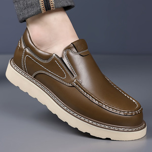 Zapatos Sin Cordones para Hombre, Negros, con Suela Gruesa, Tacón Bajo, Punta Redonda, Casuales, de Cuero, Estilo Retro, para Otoño, Zapatos Robustos de Trabajo - Product Image 2