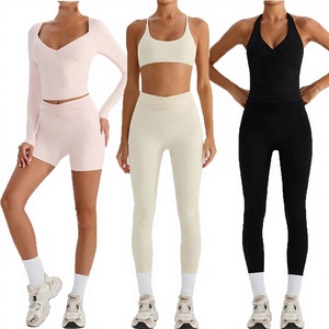 ชุดออกกำลังกายโยคะเอวสูงแบบกำหนดเอง เสื้อออกกำลังกายระบายอากาศ แห้งเร็ว ชุดออกกำลังกายผู้หญิง 2 ชิ้น ดีไซน์เสื้อชั้นในแบบวีคัทเซ็กซี่ - Product Image 3